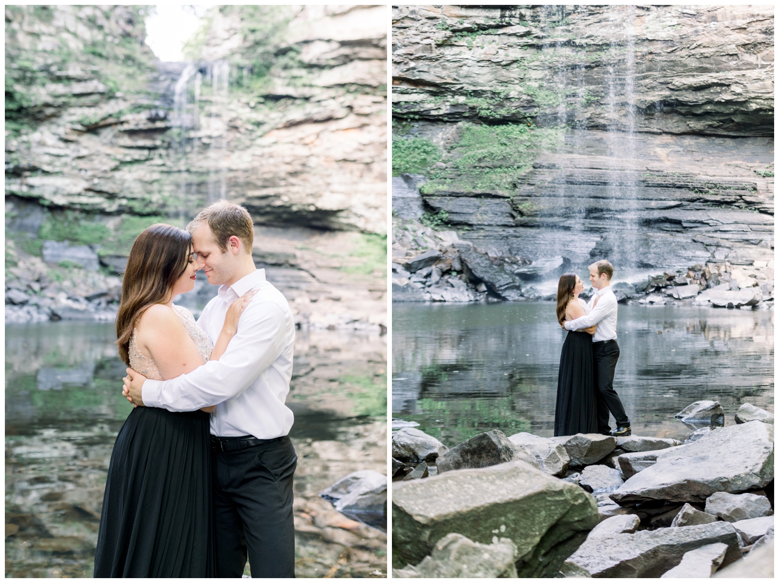 Couple stands together in front of waterfall Stephanie & Matt| Petit Jean State Park Engagement| Andi Bravo Photography| andibravophotography.com